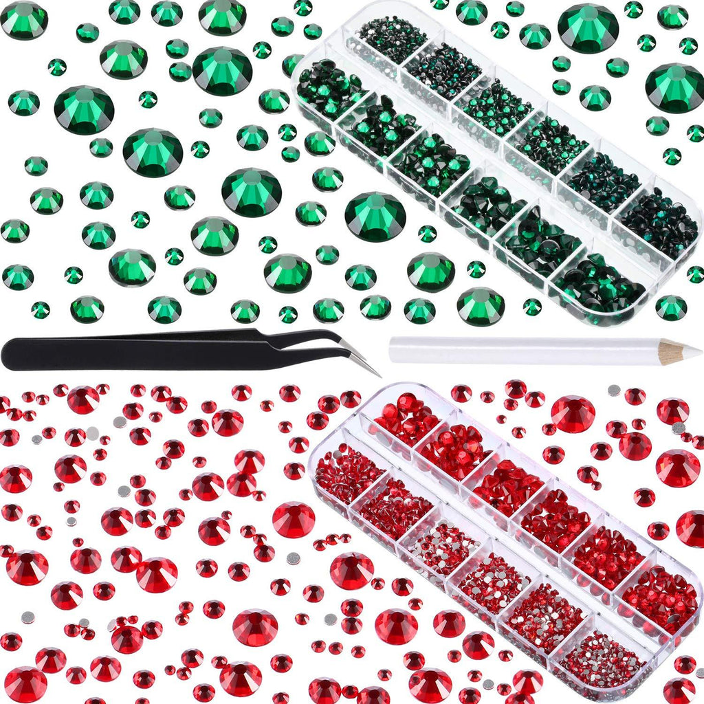 TecUnite 4000 Pieces Glass Flatback Gemstones Round Flat Back Rhinestones 6 Sizes 1.5 mm-6 mm in Box with Tweezer and Rhinestones Picking Pen for Nail Face Art (Peacock Green and Red) - BeesActive Australia