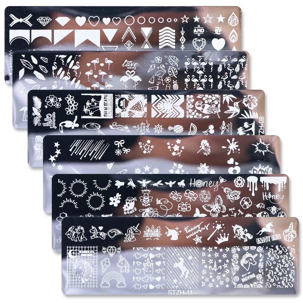 Wokoto 6Pcs Nail Art Stamping Plates Set With Unicorn Flower Honeybees Design Nail Image Stamper Template For Nail Salon Manicure Accessories KIT2 - BeesActive Australia