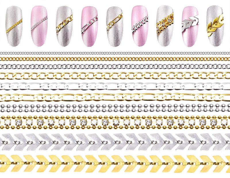 Tupalizy 10 Strips Metallic 3D Nail Chains Art Ball Beads Rhinestones Fingernails Charms Glitter Bling Design Gold Silver Jewels Decal DIY Craft Decoration Beauty Tools Supplies Accessories - BeesActive Australia