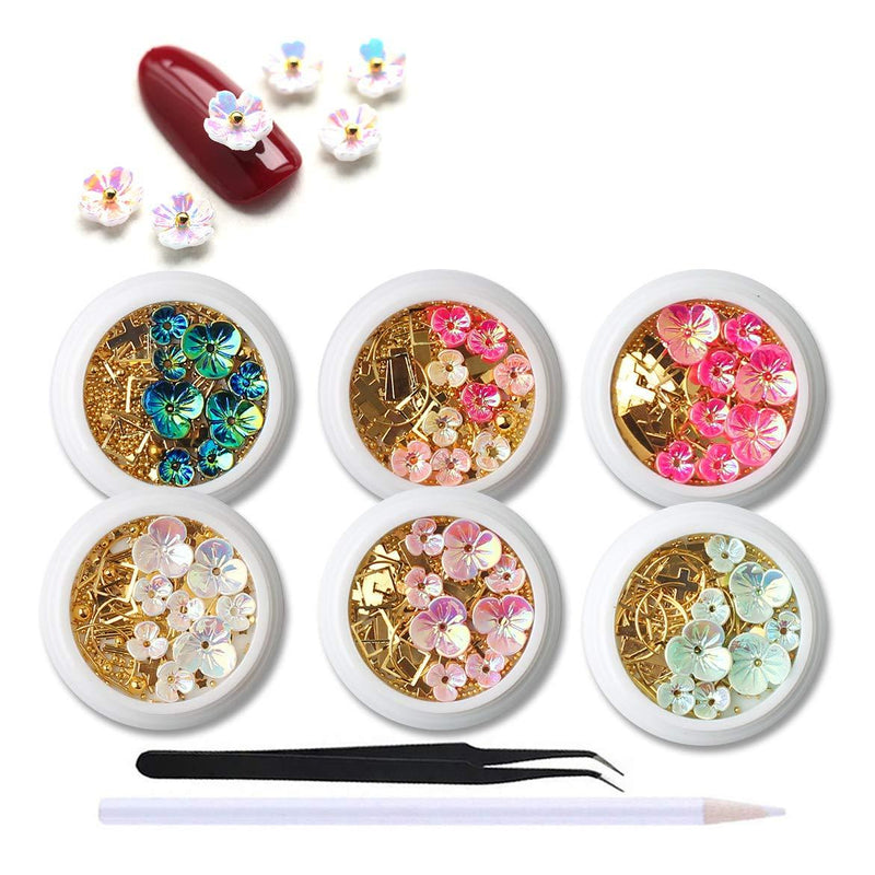 WOKOTO 6 Boxes 3D Nail Art Decoration Set Laser Mermaid Color Shell Flower Gold Nail Studs Manicure Jewelry With 1Pc Tweezers And Picker Pencil KIT1 - BeesActive Australia