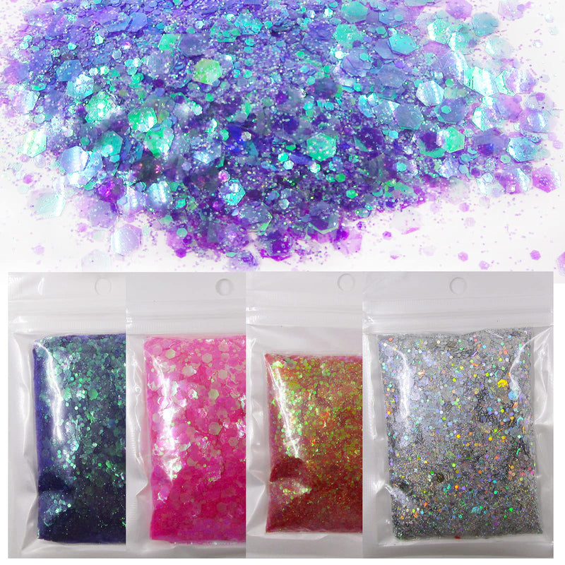 Lifextol 4Pack 60g Holographic Chunky Glitter Flakes Iridescent Purple Pink Makeup Glitters Nail Sequins Pigment for Festival Body Nails Resin Crafts (Muticolor) Muticolor - BeesActive Australia