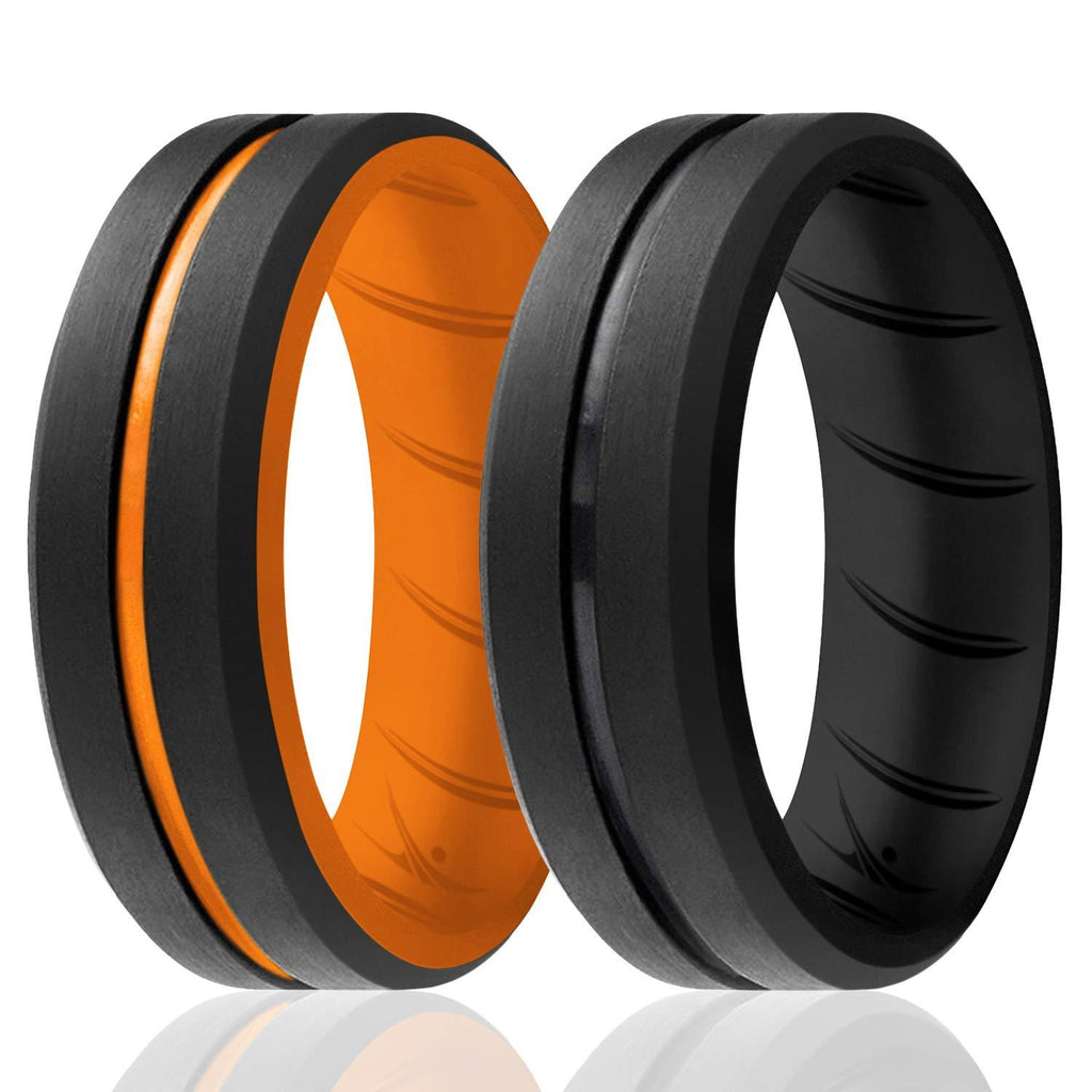 ROQ Silicone Rings for Men 1/2/3/4/6 Multipack of Breathable Mens Silicone Rubber Wedding Rings Bands - Duo Collection 2 Pack: Black, Orange 7.5 - 8 (17.35mm) - BeesActive Australia