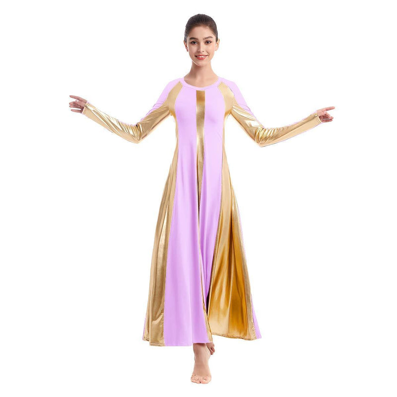 [AUSTRALIA] - IBAKOM Womens Adult Metallic Gold Color Block Long Sleeve Praise Dance Dress Loose Fit Full Length Liturgical Lyrical Worship Light Purple Small 