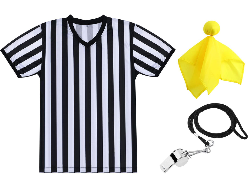 SATINIOR Men's Official Uniform Black and White Stripe Pro-Style V-Neck Referee Shirt, Officiating Umpire Jersey and Stainless Steel Whistle with Lanyard for Basketball Football Soccer Small - BeesActive Australia