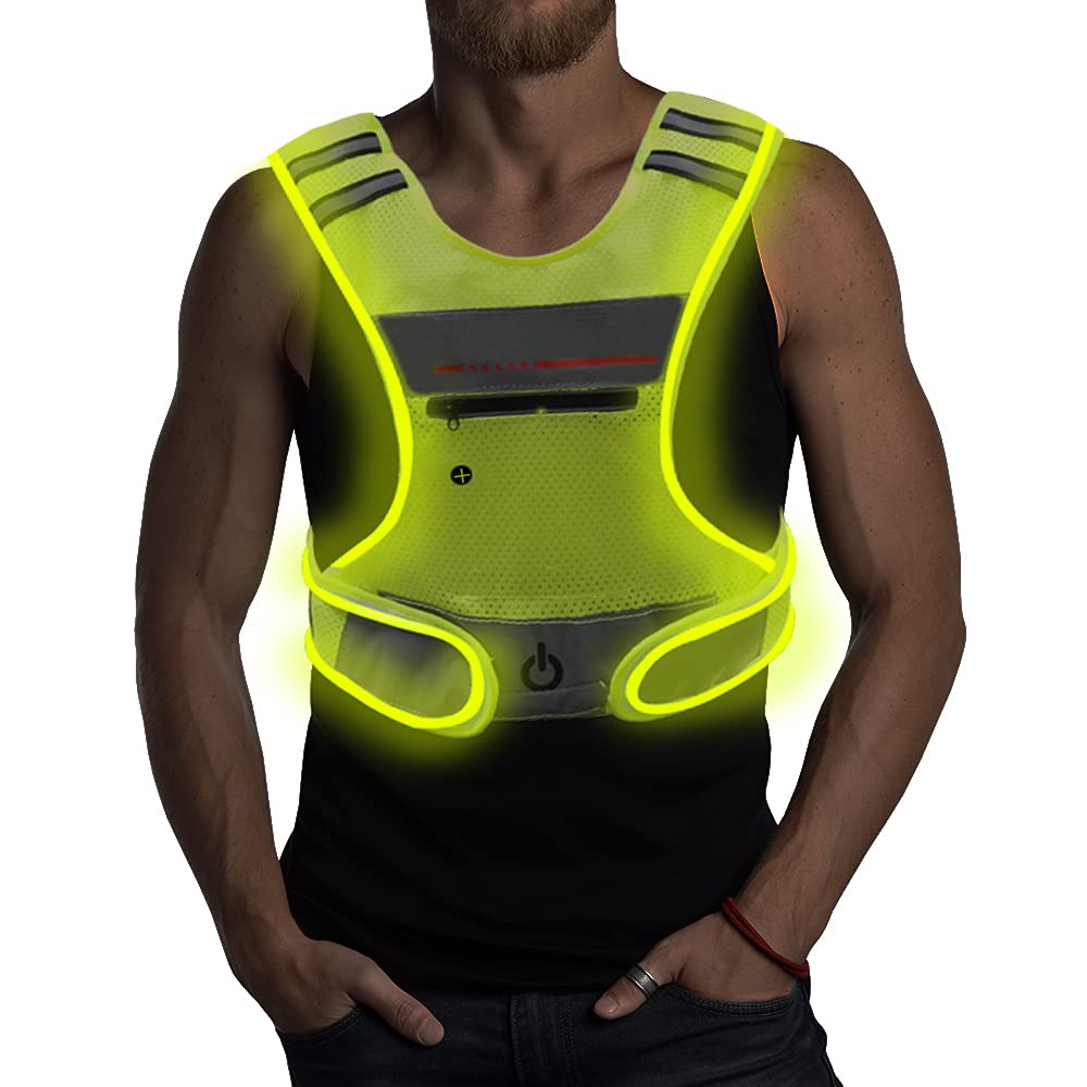 LED Reflective Vest Running Gear with Pouch, USB Charging & Ultralight Reflective Safety Vest for Night Running Cycling Green - BeesActive Australia