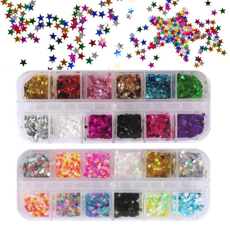 EBANKU Star Holographic Nail Glitter Sequins, 24 Boxes Colorful Stars Confetti Laser Glitter Nail Art Flakes Nail Glitter 3D Manicure Decals Nail Decoration - BeesActive Australia