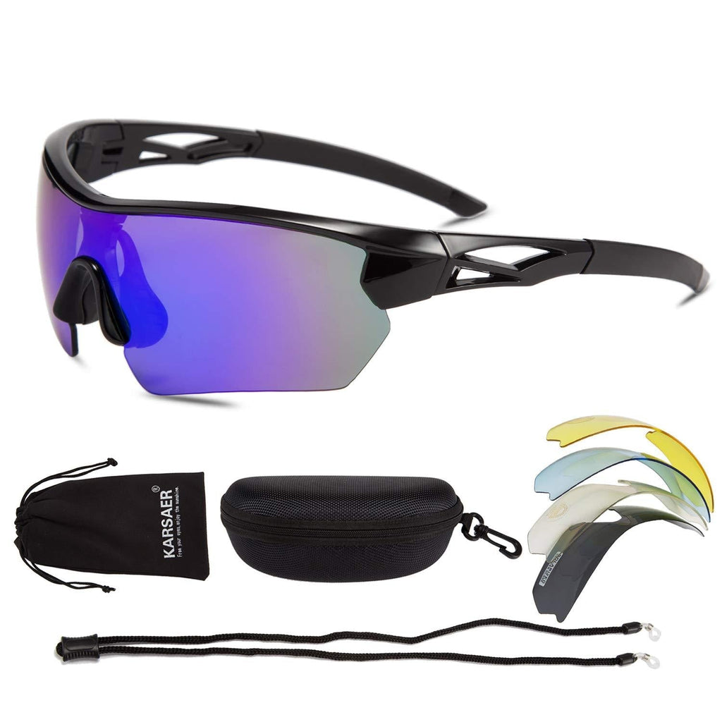 Karsaer Polarized Sports Sunglasses Cycling Sun Glasses with 4 Interchangeable Lenses for Men Women Running Driving Golf Baseball Glasses Blue - BeesActive Australia