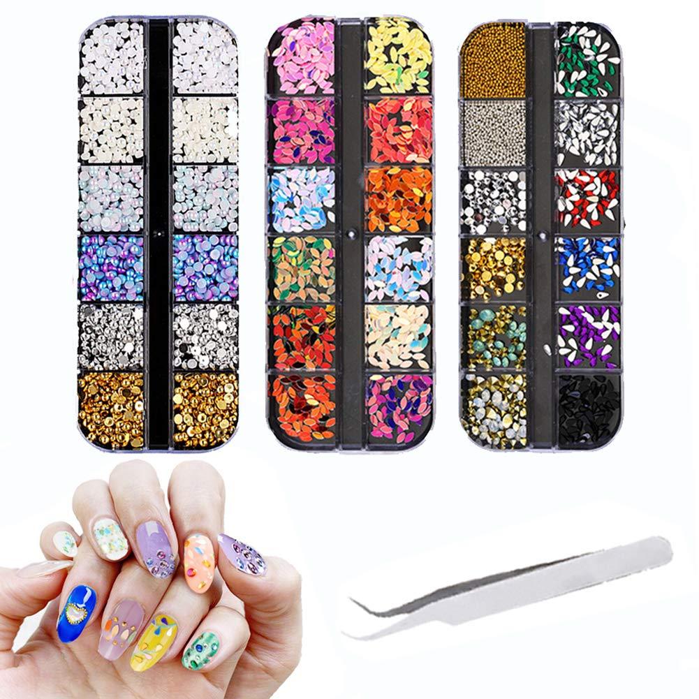 30 Boxes Nail Rhinestone Set Round Multi-Shaped Nail Glass Crystal Water Drop Piece Color Gravel for Women's DIY Make Up Design and Decoration Accessories with Tweezer - BeesActive Australia