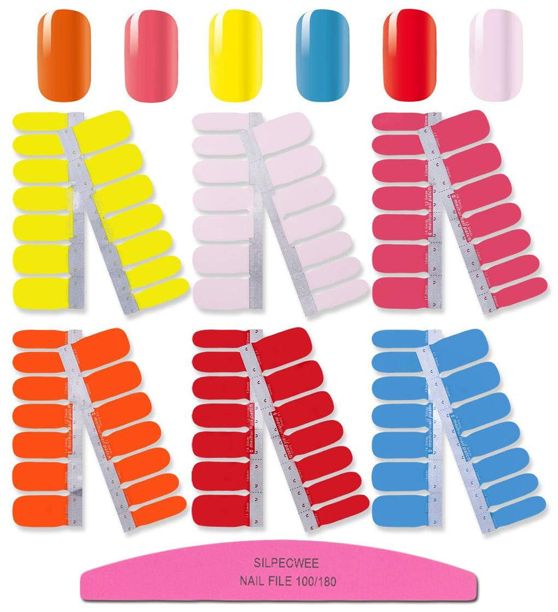 SILPECWEE 6 Sheets Solid Color Adhesive Nail Polish Strips Stickers Tips and 1Pc Nail File Nail Wraps Decals Manicure Accessories - BeesActive Australia