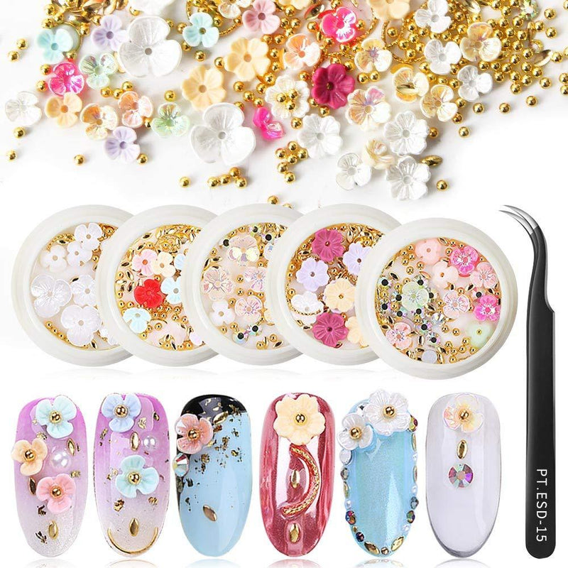 5 Boxes Colorful 3D Flowers Nail Art Rhinestones with Tweezers Gold Nail Studs Rivet Micro Caviar Beads Artificial Pearl for Nail Art Decoration Kit DIY Manicure Supplies - BeesActive Australia