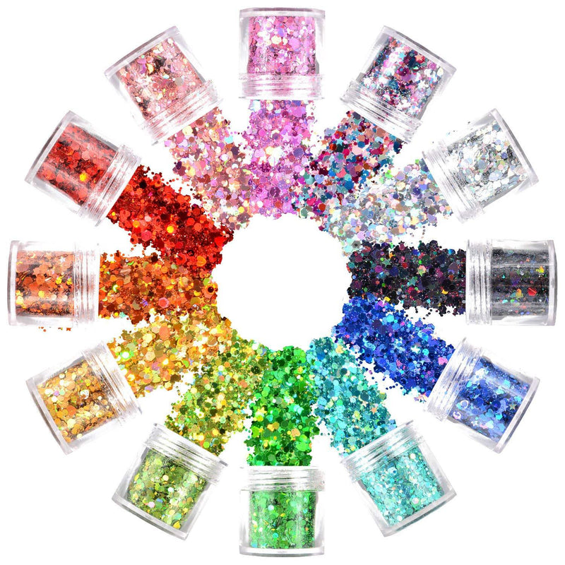 Warmfits Holographic Face Glitter 12 Colors Total 120g Face Body Eye Hair Nail Festival Chunky Holographic Glitters Different Shapes Stars Hexagons Heart Circle - BeesActive Australia