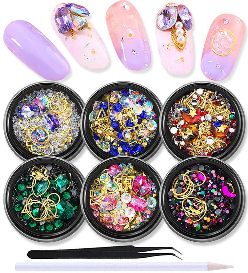 WOKOTO 6 Boxes Mix-Color Nail Art Crystal And Studs Set Ab Nail Rhinestone Gold Charm Clear Beads 3D Manicure Decoration With 1Pc Tweezers And Picker Pencil KIT1 - BeesActive Australia