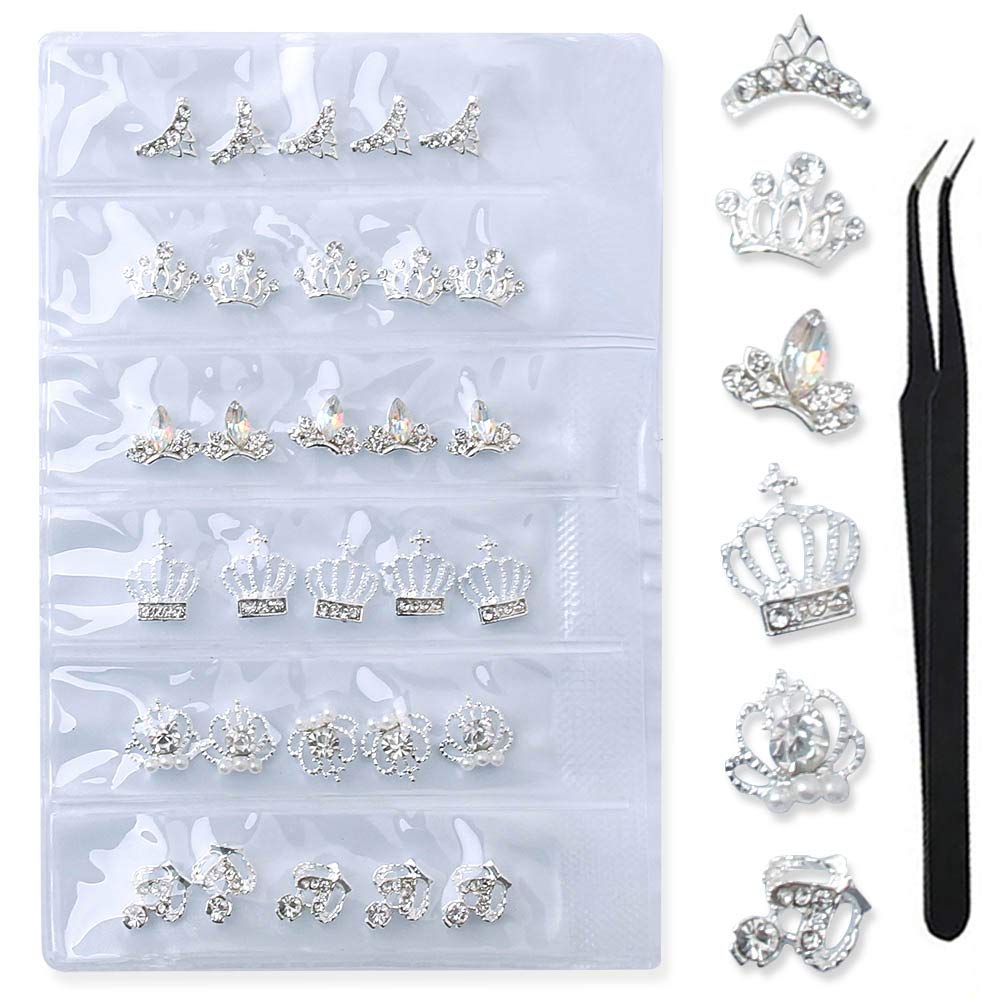 WOKOTO 30 Pcs 3D Alloy Nail Art Decoration Set Silver Crown Nail Studs Rhinestones Clear Crystals Manicure Jewelry With 1Pc Tweezers KIT1 - BeesActive Australia