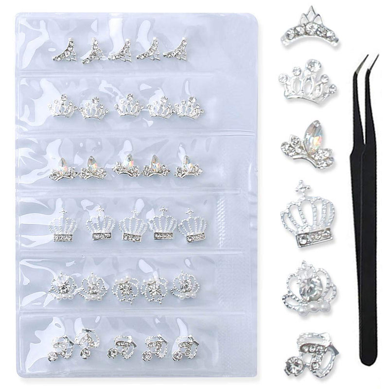 WOKOTO 30 Pcs 3D Alloy Nail Art Decoration Set Silver Crown Nail Studs Rhinestones Clear Crystals Manicure Jewelry With 1Pc Tweezers KIT1 - BeesActive Australia