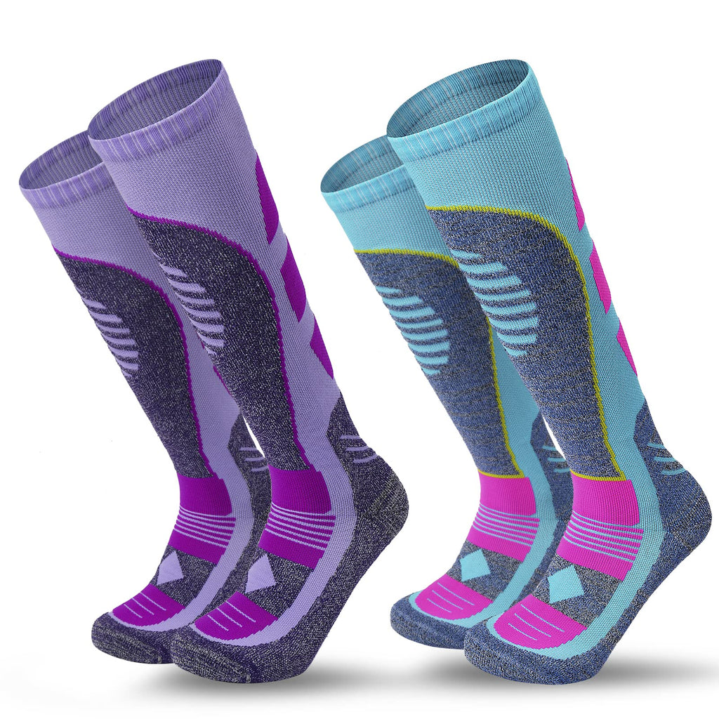 AII Thermal Ski Socks Mens and Women（2 Pairs）,Cross Country Skis Snowboard socks for Skiing Outdoor socks 1purple+1blue Medium - BeesActive Australia