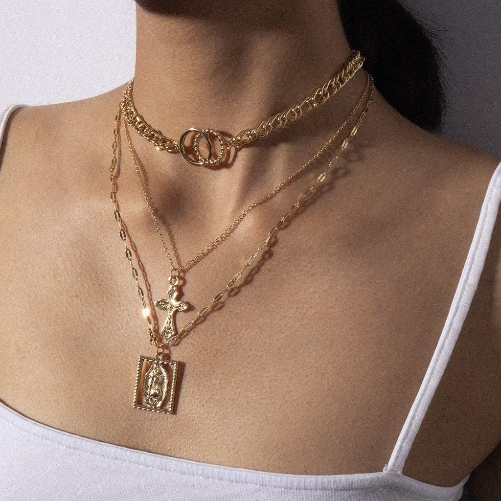 Kercisbeauty Gold Cross Necklace for Women Multi Layered Necklace with Vrigin Mary Pendant Circle Choker Thick Chain Choker for Women Girls - BeesActive Australia