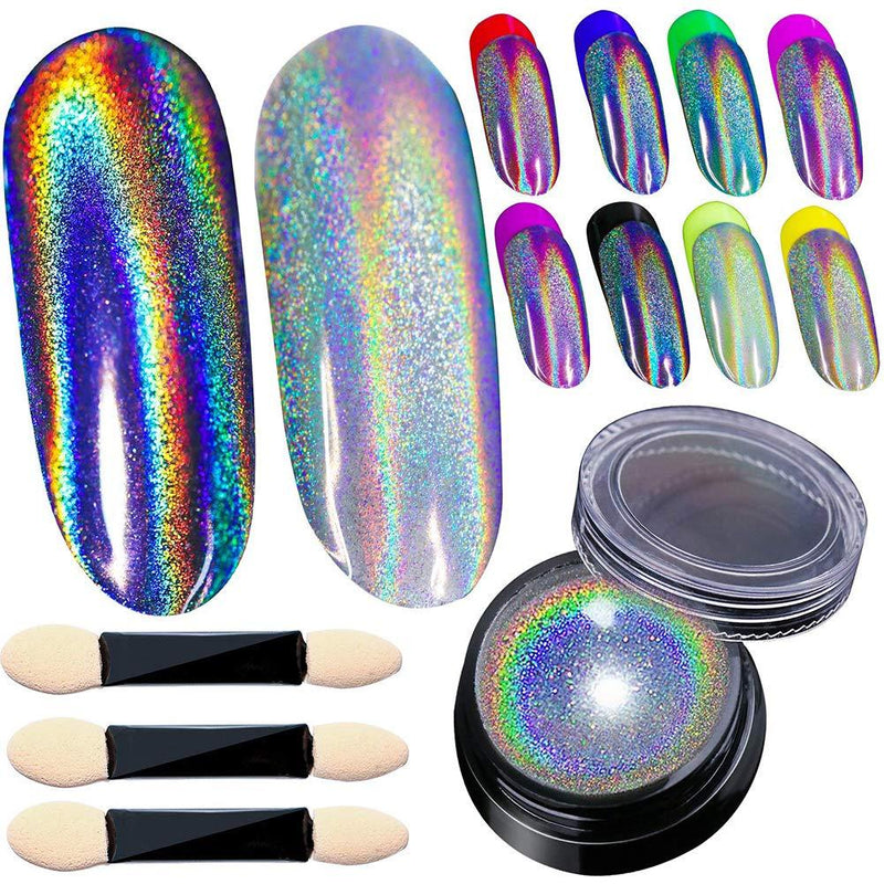 Holographic Nail Powder Holo Powder for Nails Chrome Nail Powder Rainbow Unicorn Mirror Effect Glitter Dust Multi Manicure Pigment Nail Art DIY Deco with Sponge Tool/3pcs, 0.04oz/1g - BeesActive Australia