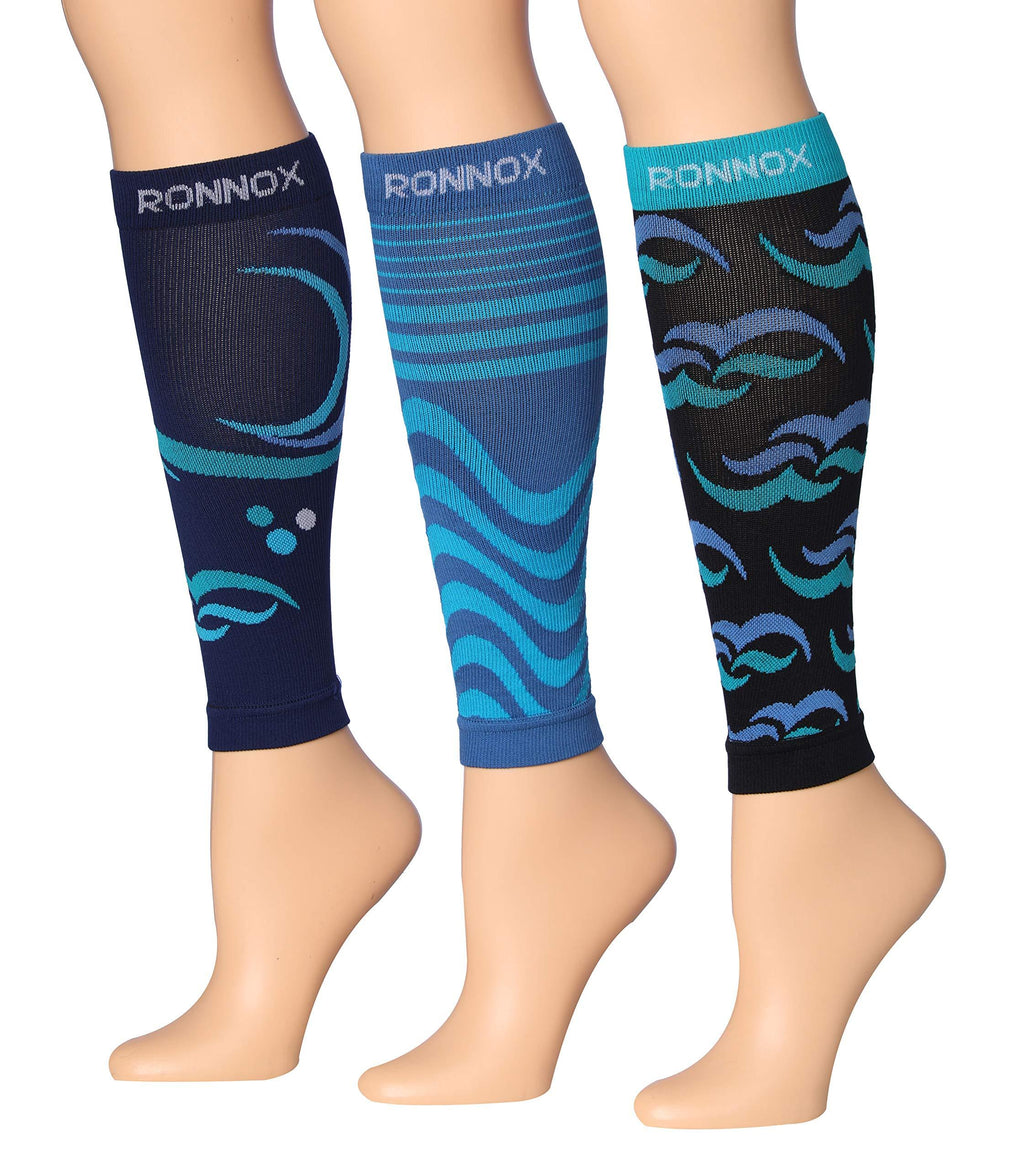 [AUSTRALIA] - Ronnox Women's 3-Pairs Bright Colored Calf Compression Tube Sleeves Medium Blue Colors 