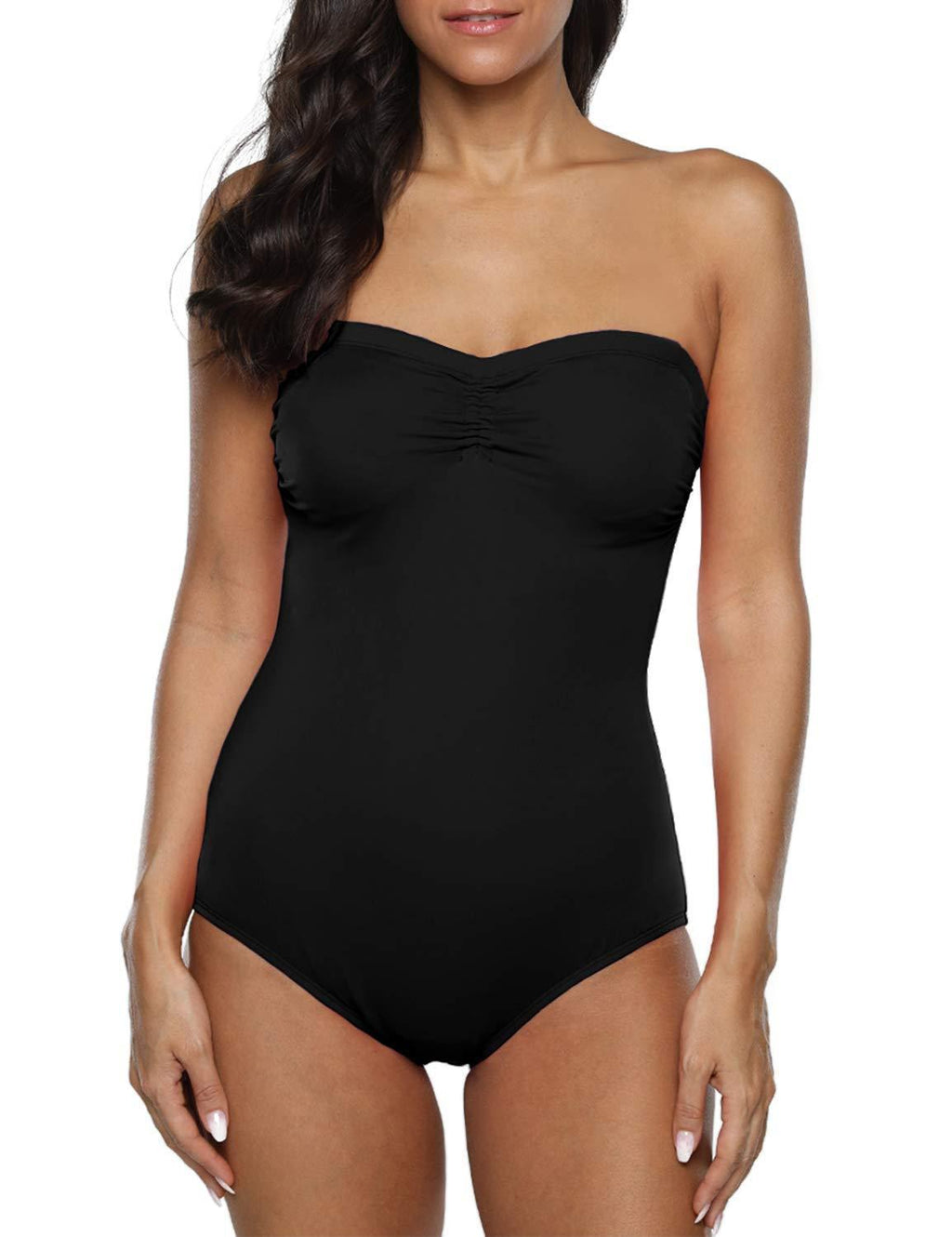 [AUSTRALIA] - Hilor Women's One Piece Swimsuits Bandeau Bathing Suits with Front Drawstring Black 10 