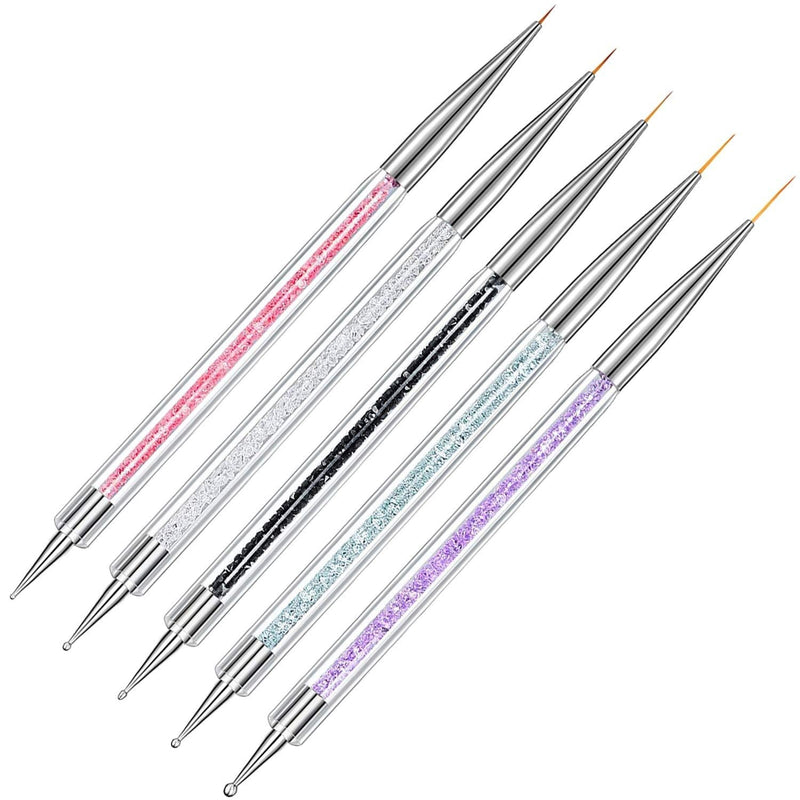 Ycyan 5Pcs Nail Art Brush Set Rhinestone Handle Dual-ended Nail Art Liner Brushes (5/7/9/11/13 mm) and Nail Dotting Tools Multi-colored-5Pcs - BeesActive Australia