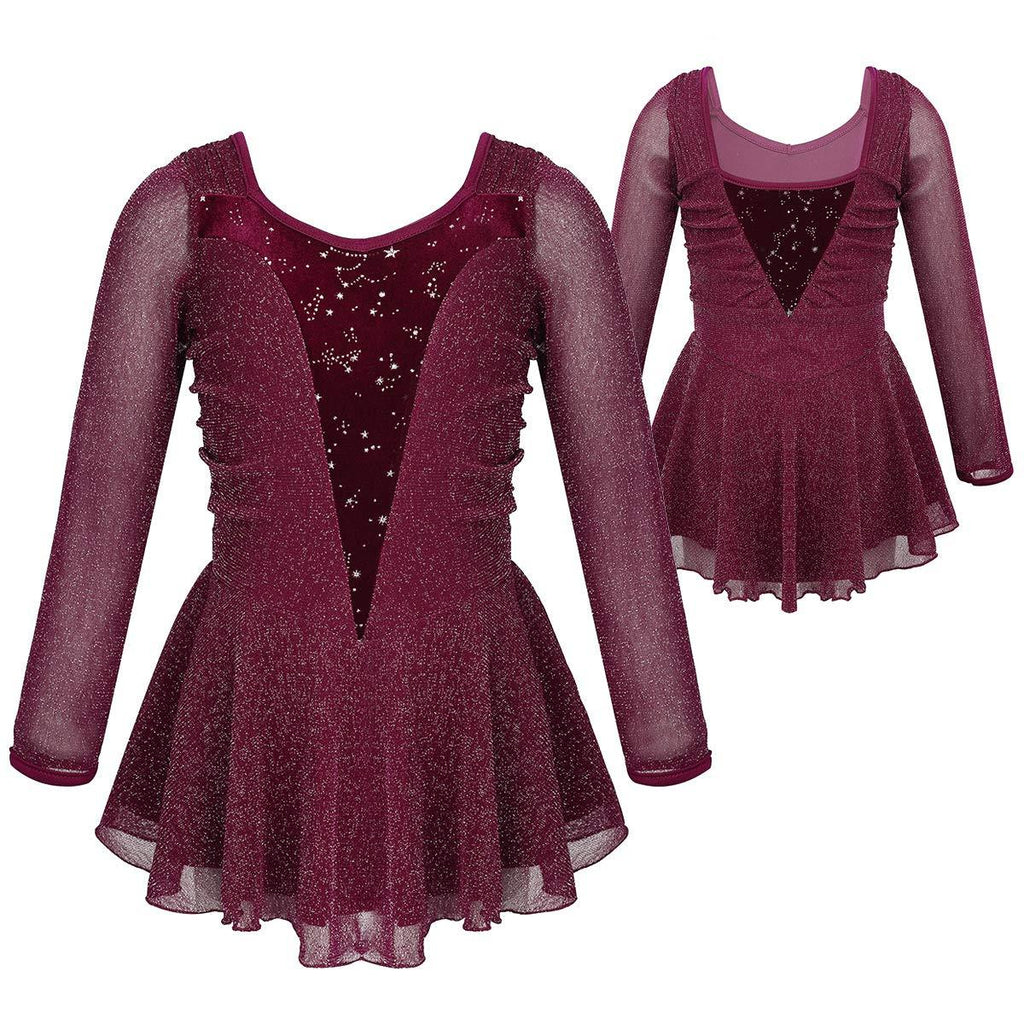 [AUSTRALIA] - YOOJIA Kids Girls Shiny Long Sleeves Splice Figure Ice Skating Leotard Dress Ballet Dance Gymnastics Activewear Burgundy 14 