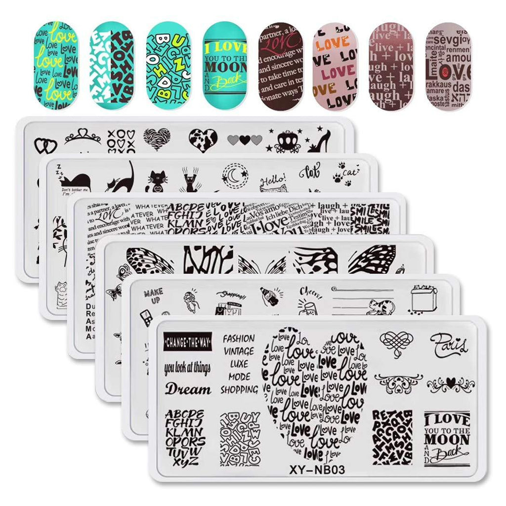 WOKOTO 6Pcs Nail Art Stamping Plates Set Valentine's Day Cat Butterfly Design Stainless Steel Nail Image Polish Template Kit Manicure Stencils Tools KIT1 - BeesActive Australia