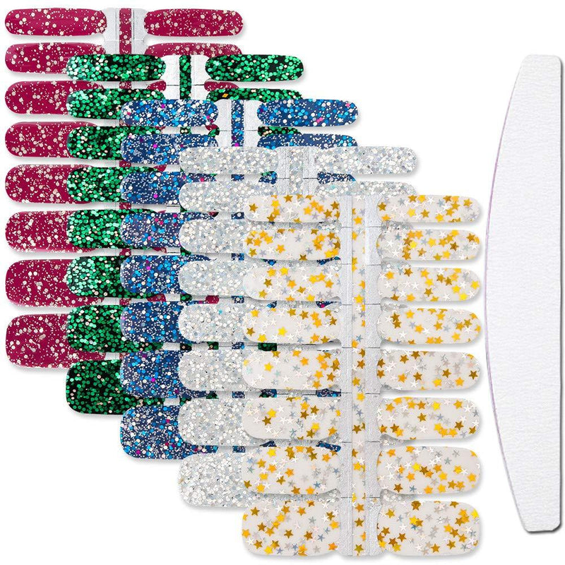 WOKOTO 5 Sheets Adhesive Nail Polish Decals Strips Set With 1Pc Nail File Glitter Sequins Design Nail Wraps Stickers Tips Manicure Accessories KIT1 - BeesActive Australia