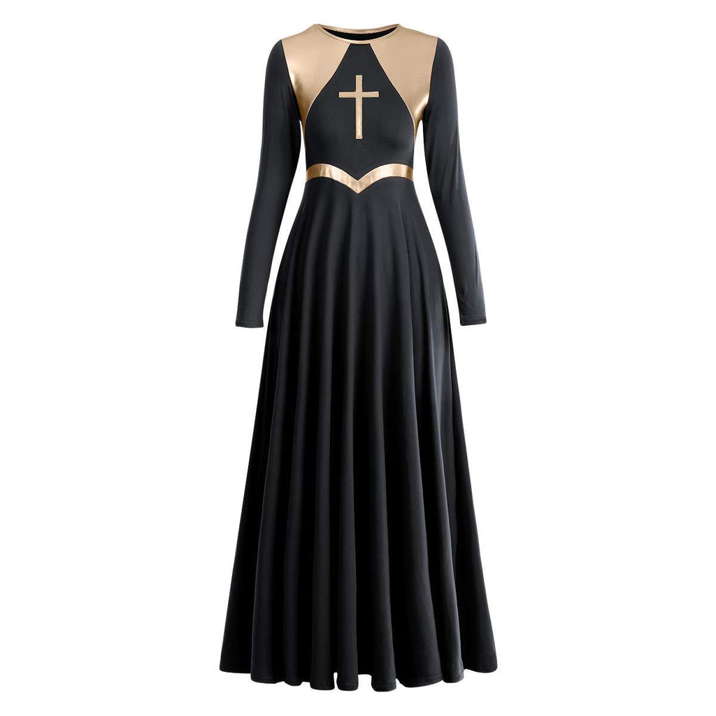 [AUSTRALIA] - Women Metallic Cross Liturgical Praise Dance Dress Lyrical Dancewear Color Block Full Length Robe Worship Costume X-Large Black + Gold Cross 