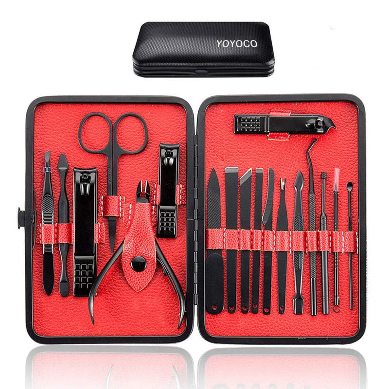 Nail Clippers Sets Manicure Set YOYOCO18 in 1 Grooming Kit Stainless Steel Professional Pedicure Set, Ear Pick, Nail Cutter, Tweezers, Eyebrow Razor（Black/Red） - BeesActive Australia