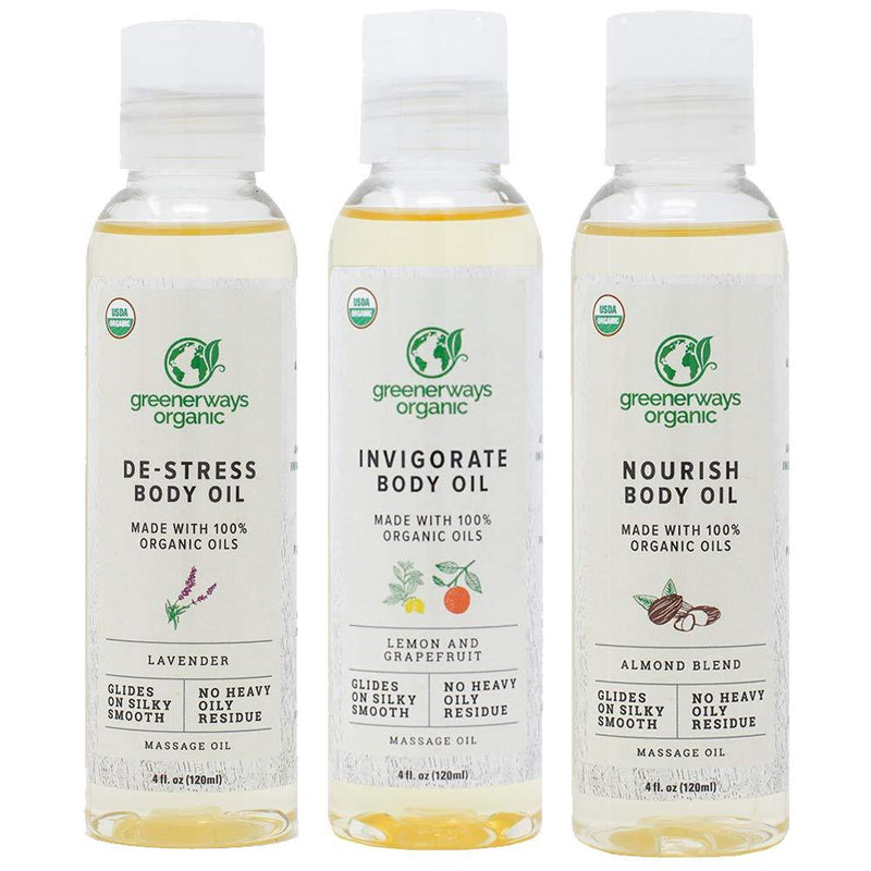Greenerways Organic Body Oils - Therapeutic Massaging Oils - Scar Removal Oil for Glowing Skin - Anti-Aging Skin Care - Paraben & Alcohol-Free - USDA Certified - Pack of 3, 4 Oz Each - BeesActive Australia