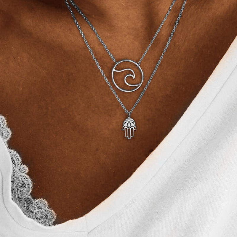 Jovono Silver Multilayed Wave Pendant Necklaces Fashion Palm Necklace Chain Jewelry for Women and Girls - BeesActive Australia