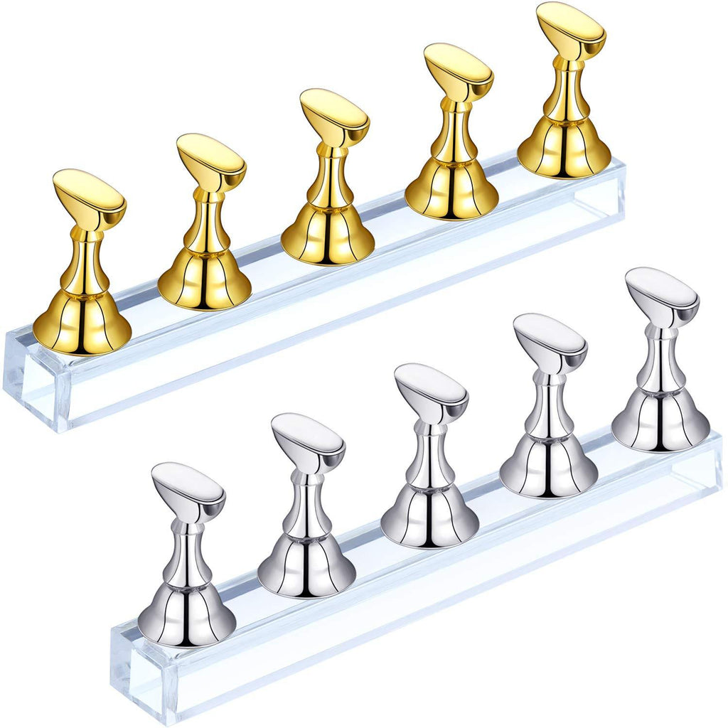 2 Sets Acrylic Nail Display Stand Nail Tip Practice Stand Magnetic Nail Practice Holder Fingernail DIY Nail Art Stand for False Nail Tip Manicure Tool (Gold and Silver) Gold and Silver - BeesActive Australia