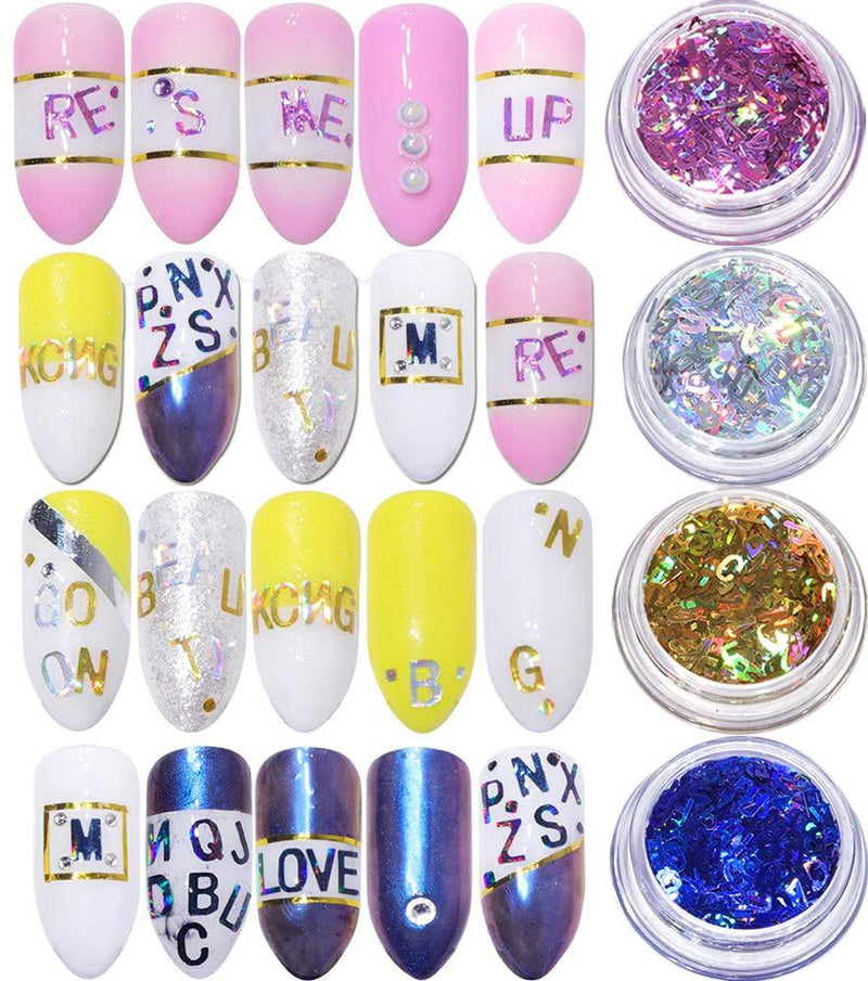 Nail Art Decals Sequin Decoration Accessories 4 Color Nails Holographic Sparkly Letter Sequin Stickers Design for Women 26 Letters Nail Glitter Sequin Flakes Decoration Supplies - BeesActive Australia