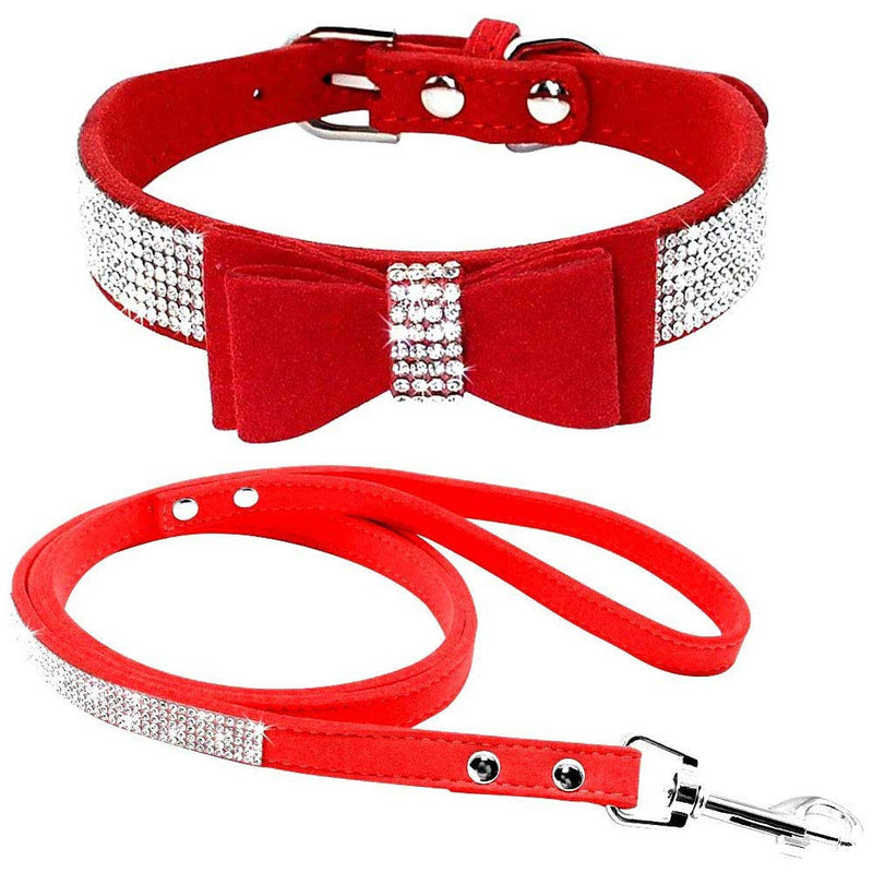 Benala Adjustable Rhinestone Cat Collar Set Soft Velvet Safe Collar Leash Set with Bling Diamond Bowknot Show Party Wedding M:(neck 13-15") Red - BeesActive Australia