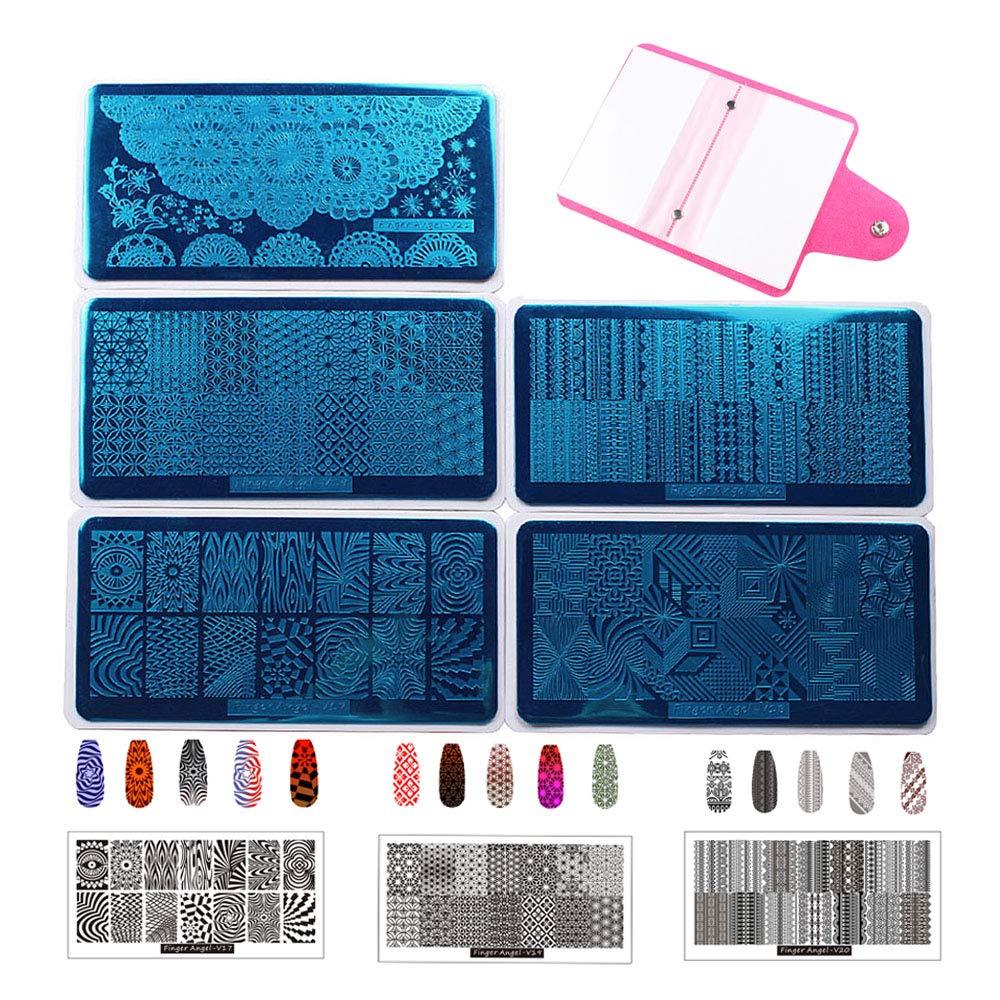 FingerAngel 5Pcs Stamping Plates Mix Designs Retangle Stamp Stamping Image Fashion Design Plate Print Nail Art Template (V17-21(Plate White Backcover)) - BeesActive Australia