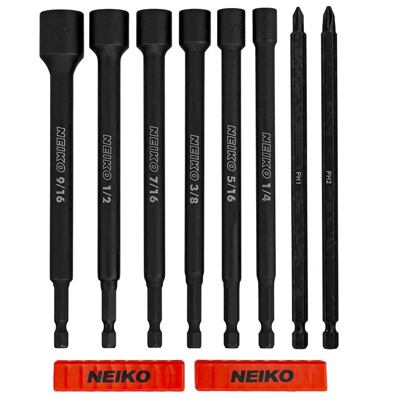NEIKO 10067A Magnetic Impact Nut Driver and Power Bit Tool Set | 8 Pieces, SAE | 6 Inches | Shank Nut Driver Bits Setters | Magnetic Tip Sockets | 1/4 Inch Hex Shank 8 PC Nut Driver Set SAE w/ Phillips Bits - BeesActive Australia