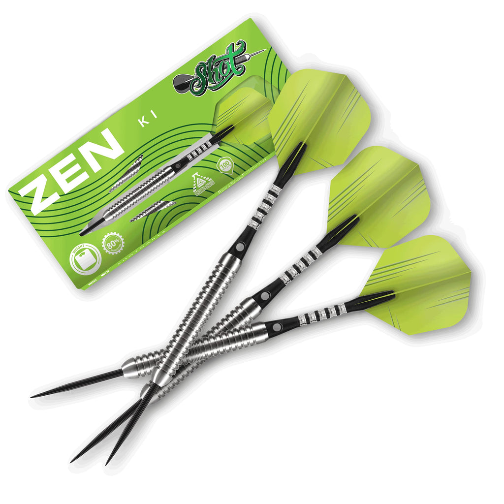 Shot! Darts Zen Ki-Steel Tip Dart Set-Center Weighted-80% Tungsten Barrels 26.0 Grams - BeesActive Australia