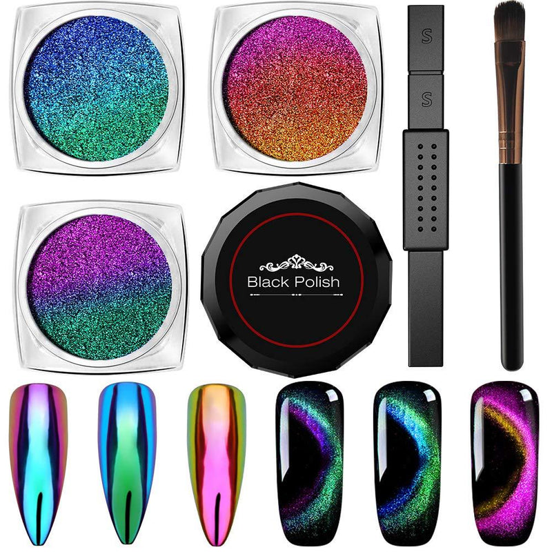 Cat Eye Chrome Nail Powder - 3Pc Get Cat Eye Effect and Chameleon Mirror Effect, 9D Galaxy Gem Glitter Metallic Manicure Pigment with Bonus Black UV Gel and Magnetic Stick - Unique DIY Set - BeesActive Australia