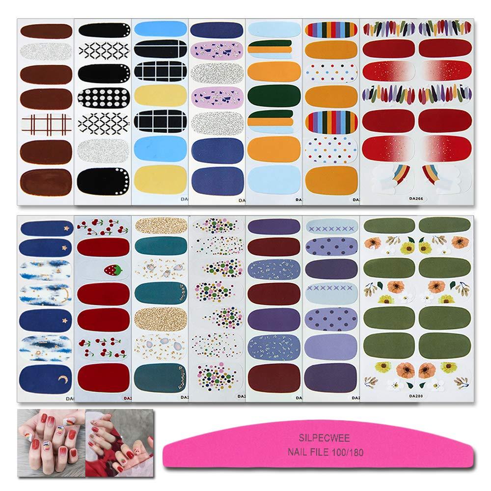 SILPECWEE 14 Sheets Adhesive Nail Polish Wraps Stickers Strips Set and 1Pc Nail File Rainbow Design Nail Art Decals Tips Manicure Kit NO1 - BeesActive Australia