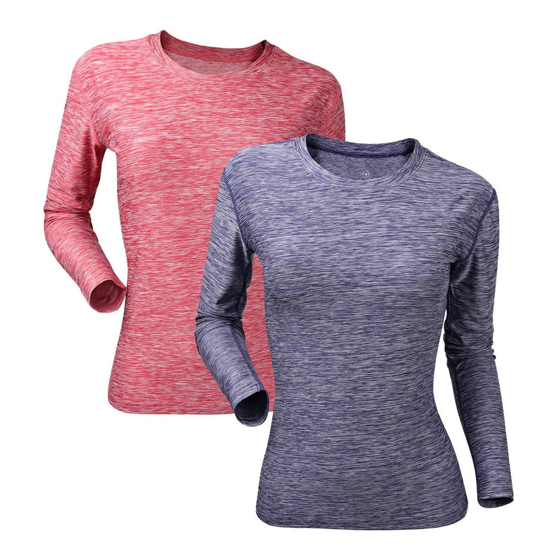 [AUSTRALIA] - Women's Dry Fit Workout Long Sleeve Sport T Shirt Compression Tops 2 Pack(blue+red) Small 