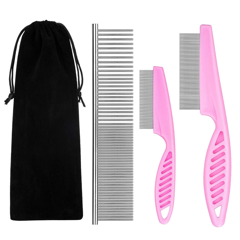 BENSEAO Flea Comb for Cats Dog Comb Lice Comb Metal Teeth Durable Tear Stain Dog Combs Remove Float Hair Combing Tangled Hair Dandruff Pet Comb Grooming Set 3 Pieces Add Storage Pouch (Pink) Pink - BeesActive Australia