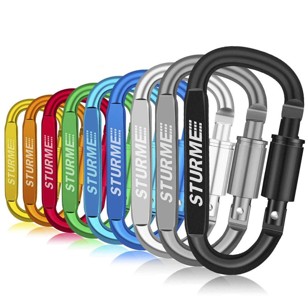 STURME Carabiner Clip Aluminum D-Ring Locking Durable Strong and Light Large Carabiners Clip Set for Outdoor Camping Screw Gate Lock Hooks Spring Link Improved Design Pack (9 Pack) Assorted - BeesActive Australia