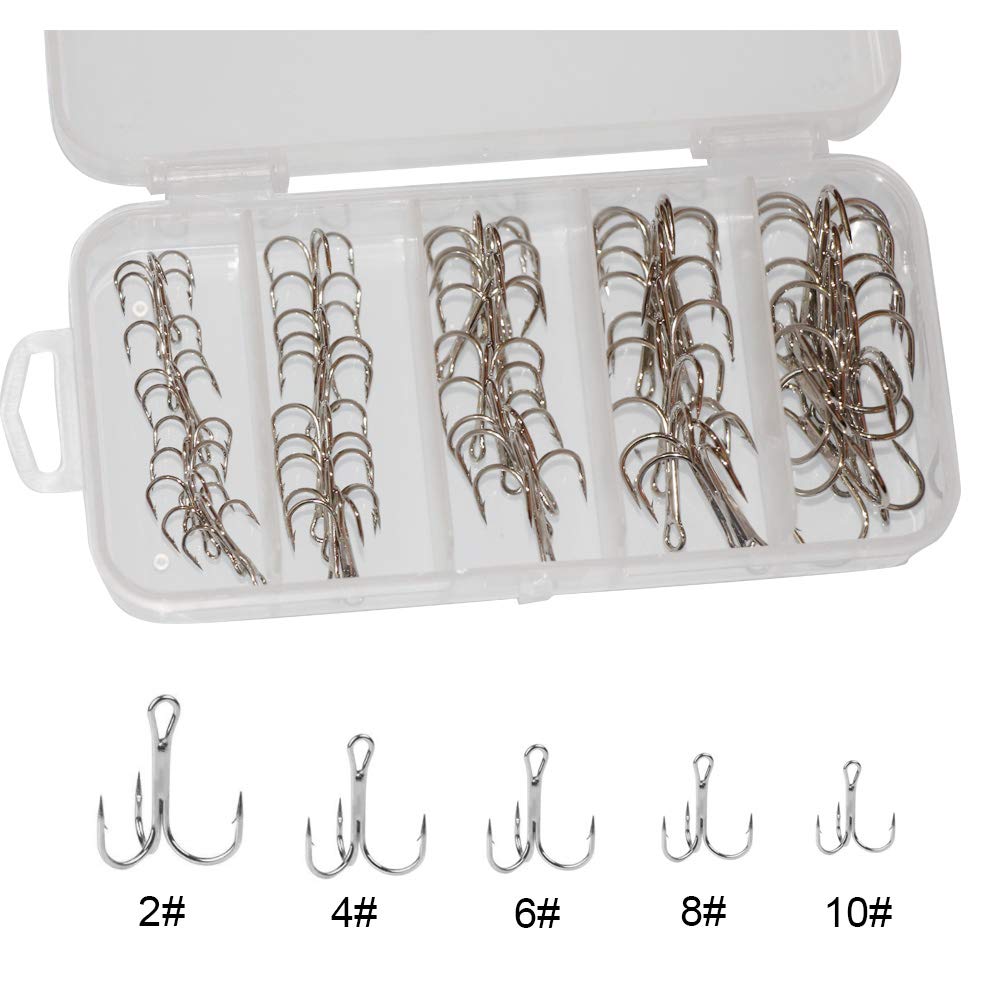 Laxygo Fishing Treble Hooks Set High Carbon Steel Fishing Hooks Classic Round Bend Hook 2# 4# 6# 8# 10# 50pcs silver - BeesActive Australia