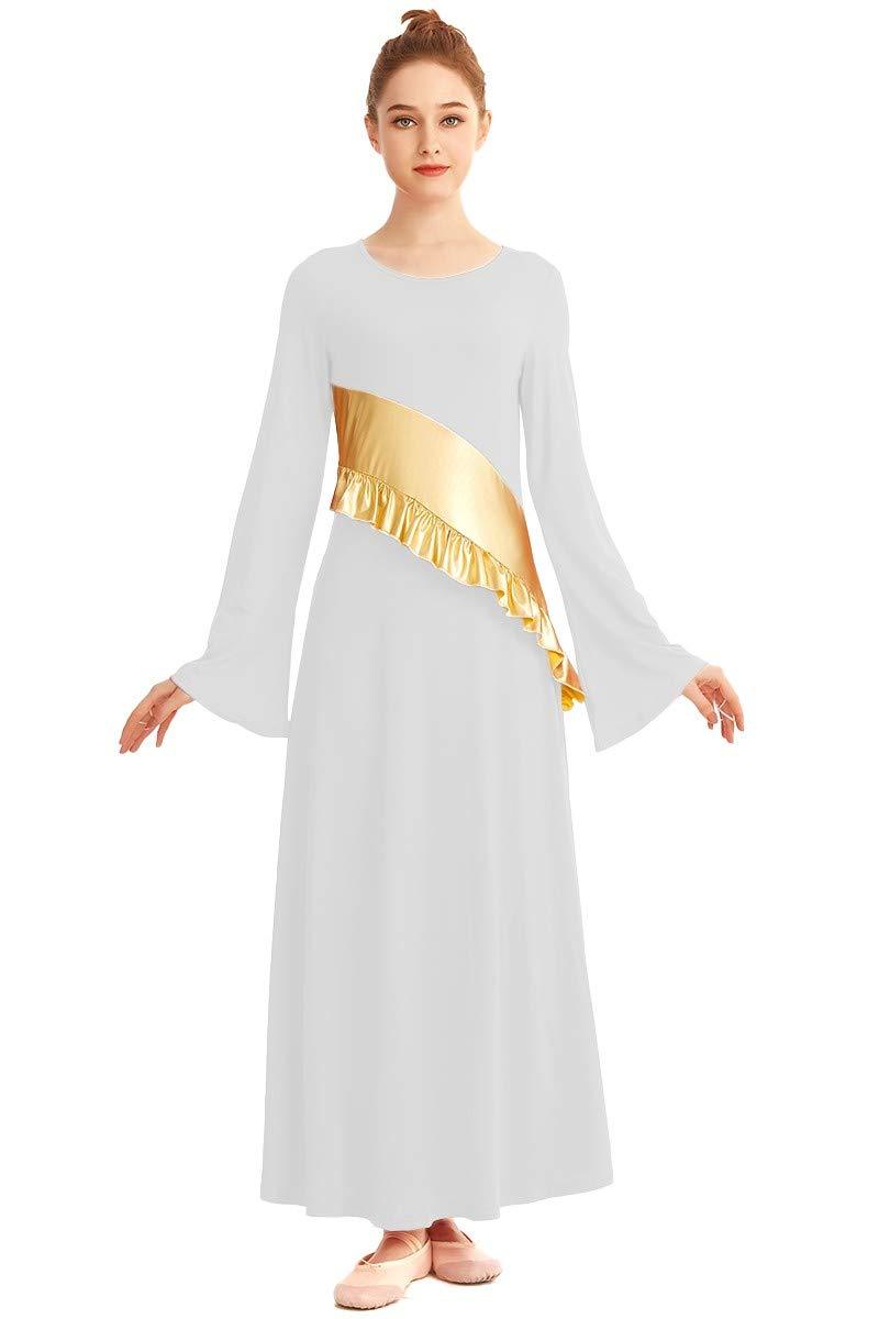 [AUSTRALIA] - REXREII Womens Bi Color Bell Sleeve Praise Liturgical Worship Dress Asymmetrical Waistline w/Ruffle Lyrical Dancewear White Large 