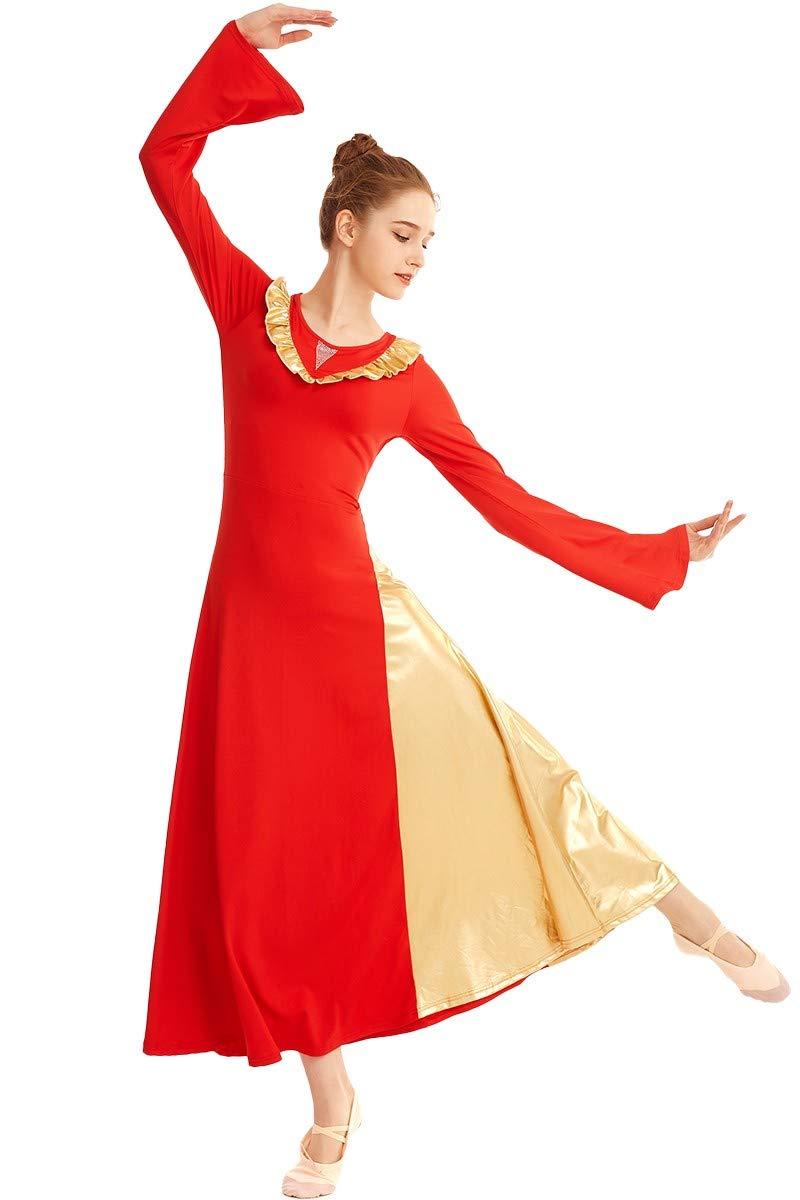 [AUSTRALIA] - REXREII Womens Bell Sleeve V-Shaped Ruffle Worship Praise Dress Bi Color Skirt Full Length Liturgical Lyrical Dancewear Red Large 