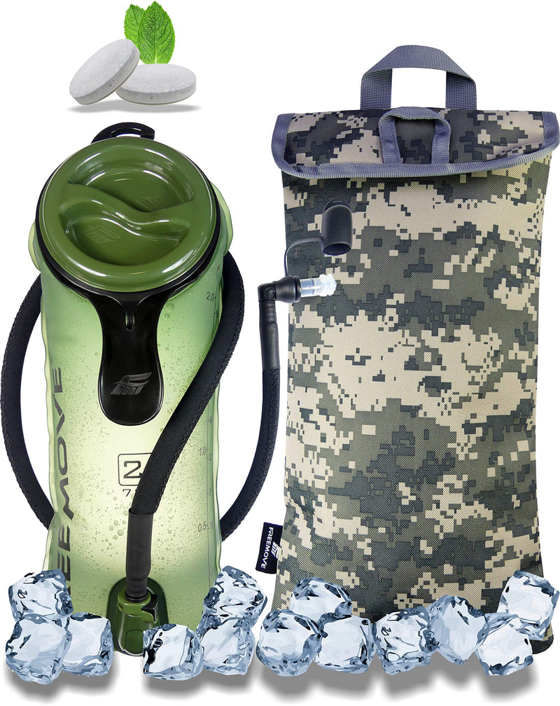 FREEMOVE 2L or 3L Hydration Bladder with a Cooler Bag, Keeps Drink Cool and Protects Bladder or Replacement Bite Valve, Leak Proof Water Reservoir, Tasteless TPU, Quick Release Tube and Shutoff Valve 2L Camo Green - BeesActive Australia