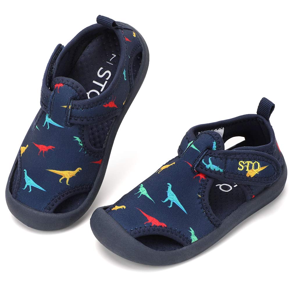 STQ Boys Girls Water Shoes Quick-Dry Slip on Beach Swim Pool Sandals(Toddler/Little Kid) 11 Little Kid Navy/Dinosaur - BeesActive Australia