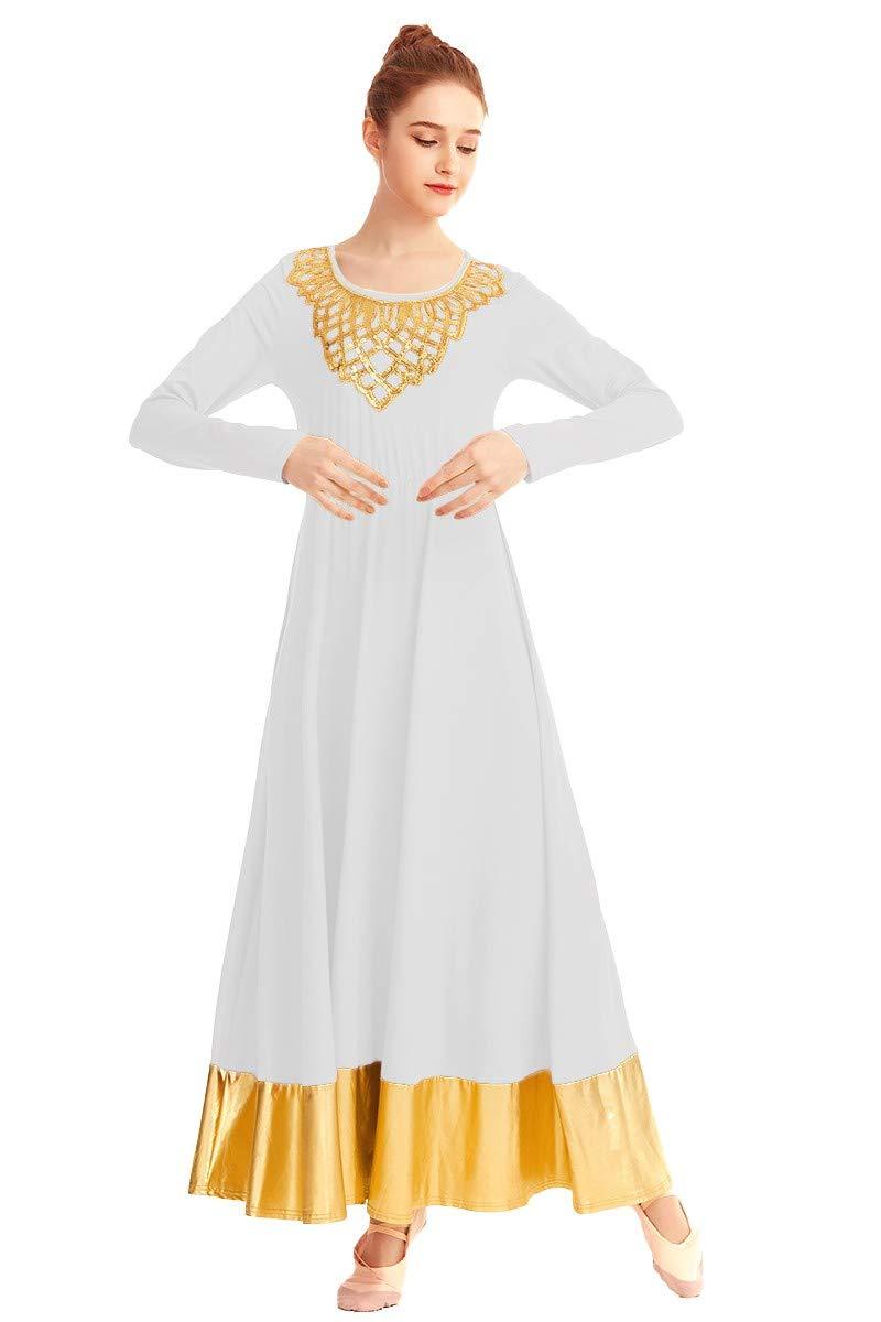 [AUSTRALIA] - REXREII Womens Praise Worship Dress Long Sleeve Gold Flower Collar Bi Color Circle Skirt Liturgical Lyrical Dancewear # White X-Large 