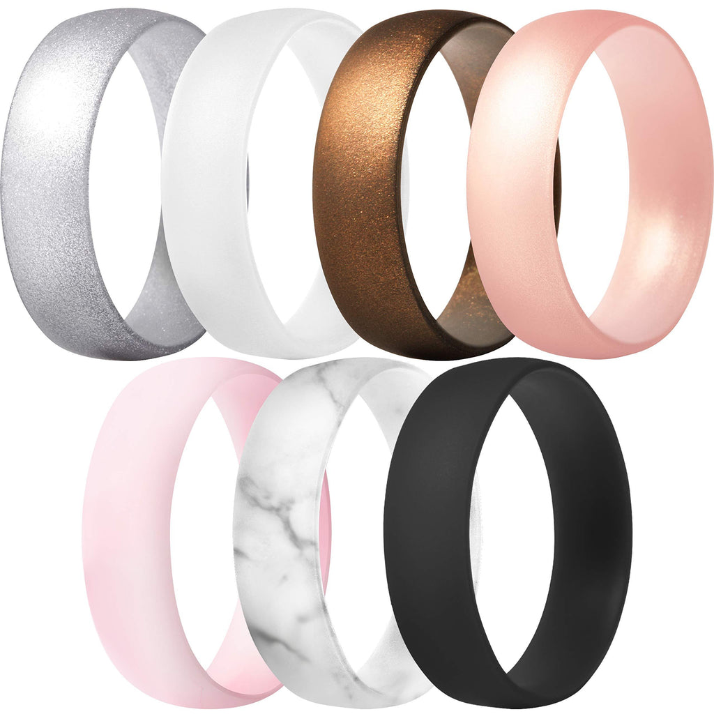 [AUSTRALIA] - ThunderFit Silicone Rings, 7 Rings / 1 Ring Wedding Bands for Men & Women 6mm Wide - 1.65mm Thick Bronze, White, Rose Gold, Women Silver, Light Pink Mix, Marble, Black 6.5 - 7 (17.3mm) 