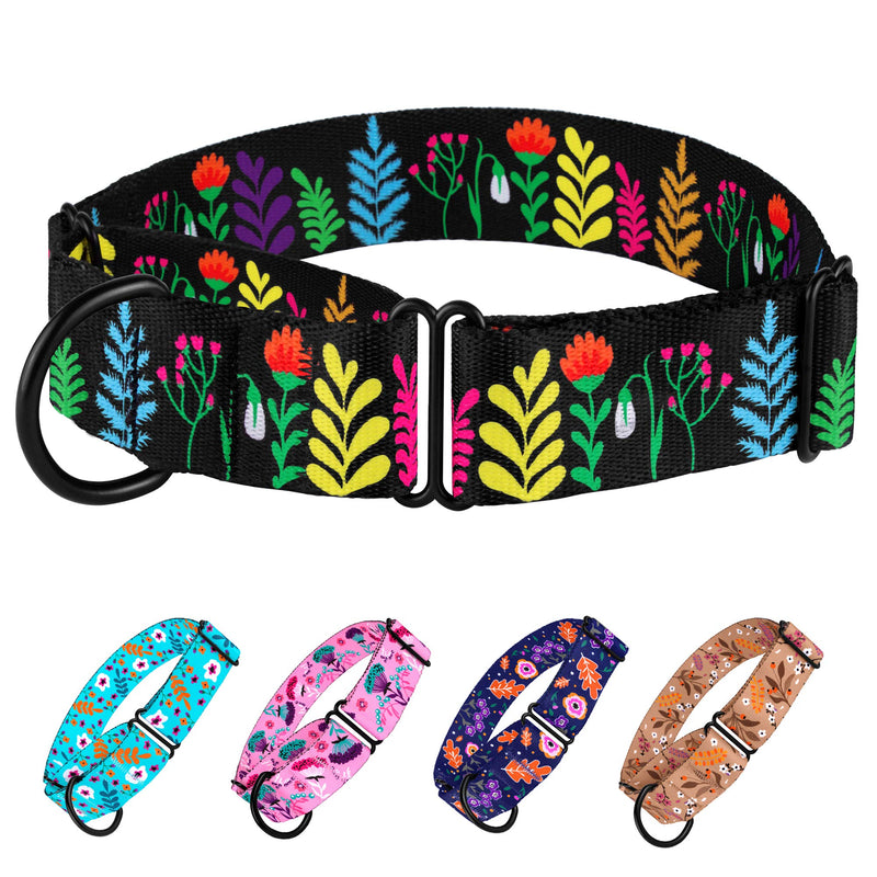 CollarDirect Martingale Collars for Dogs Heavy Duty Floral Pattern Female Safety Nylon Training Wide Collar Flower Design Large Medium 12-17 Inch Black - BeesActive Australia